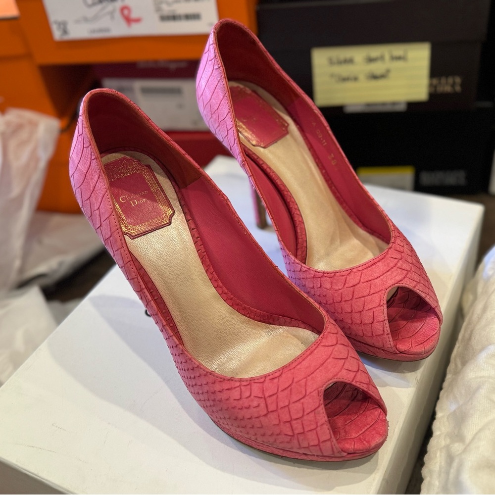 Christian Dior Leather Python Embossed Peep Toe P… - image 1